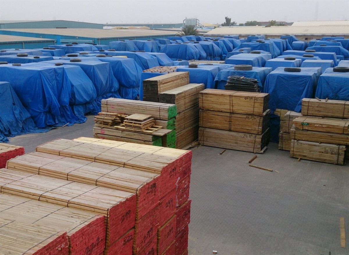 Aerial view of bulk timber stock and covered storage