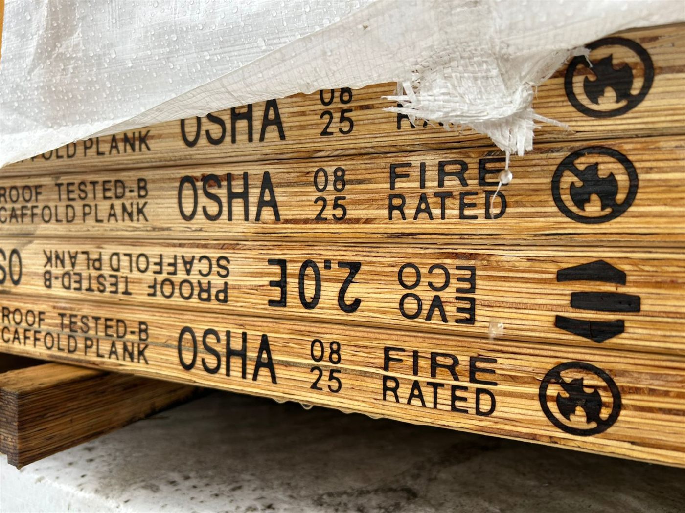OSHA proof-tested LVL scaffolding planks, fire rated